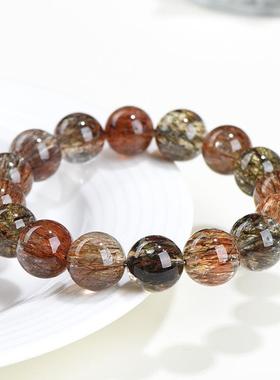 久雅水晶 天然满色黑金超圆珠手链 老矿黑发晶超七散珠手串