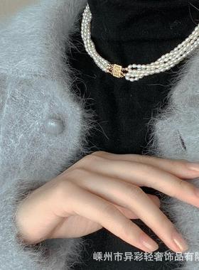 异彩/珠宝匣常青树 天然多层复古珍珠项链14kgf雕花金扣毛衣链女