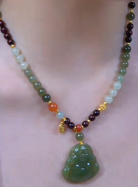 新款天然碧玉弥勒佛吊坠项链