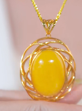 新款椭圆大气吊坠项链女仿蜜蜡