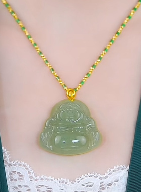 仿和田玉吊坠佛公纯银项链女款