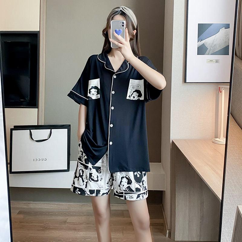 夏季莫代尔短袖加大码睡衣女200斤卡通可爱短裤胖mm薄款开衫套装,淘宝优惠券,粉丝福利购,淘宝优惠卷