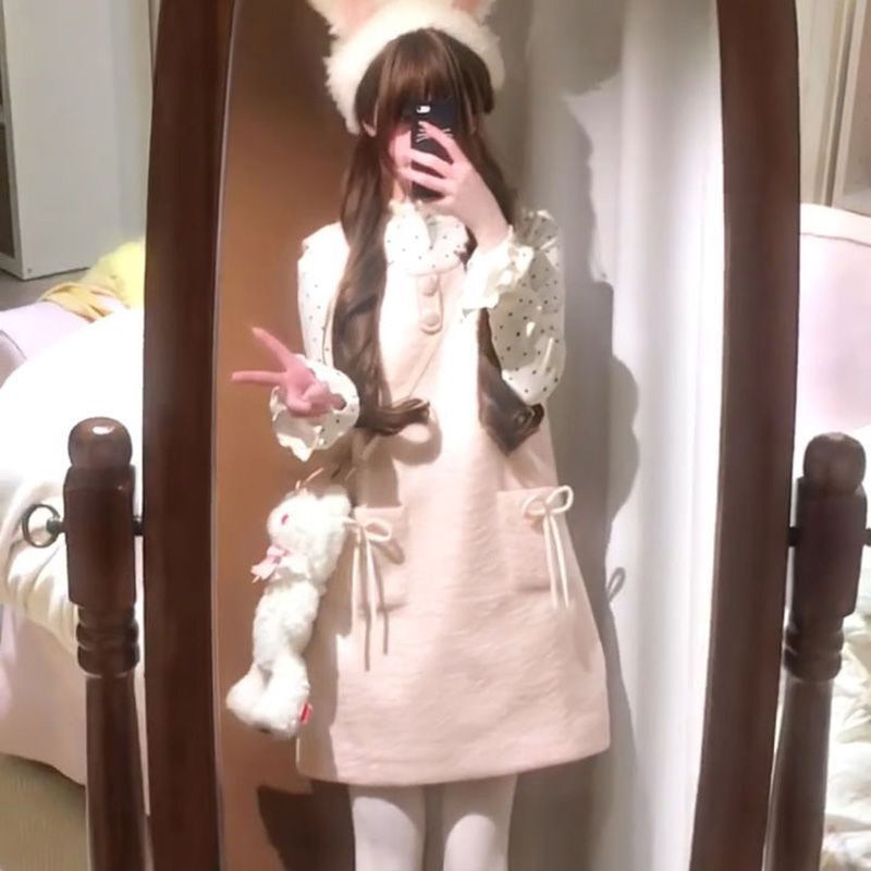 2025软萌少女粉色毛呢背带连衣裙叠穿设计高领波点长袖打底衫上衣,淘宝优惠券,粉丝福利购,淘宝优惠卷