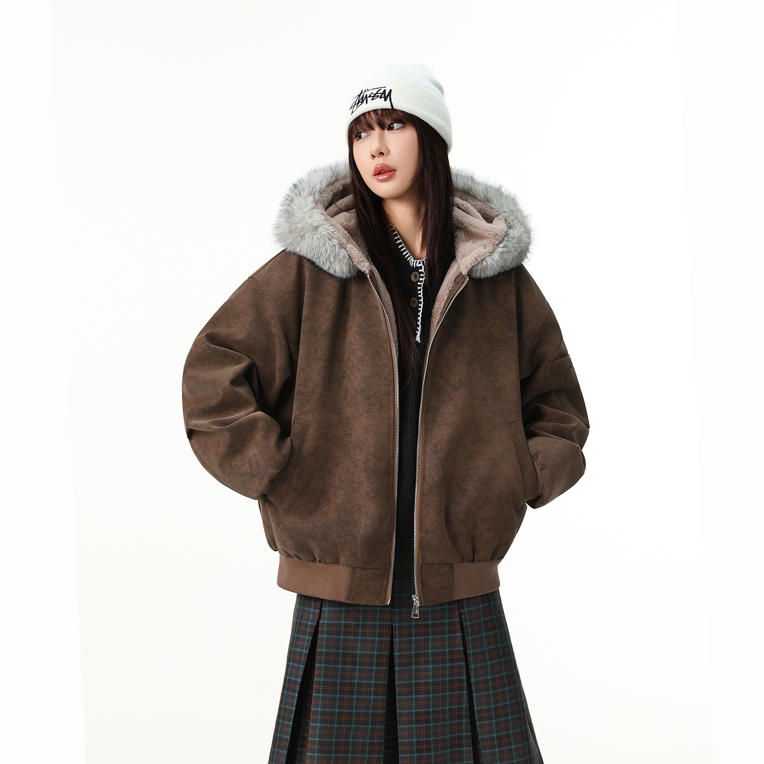 MANRESHOW 毛领连帽加绒外套可拆卸毛领 - 图0