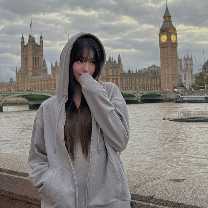IVE张元英街拍穿搭同款卫衣服灰色拉链纯色连帽衫秋冬男女装外套 - 图3