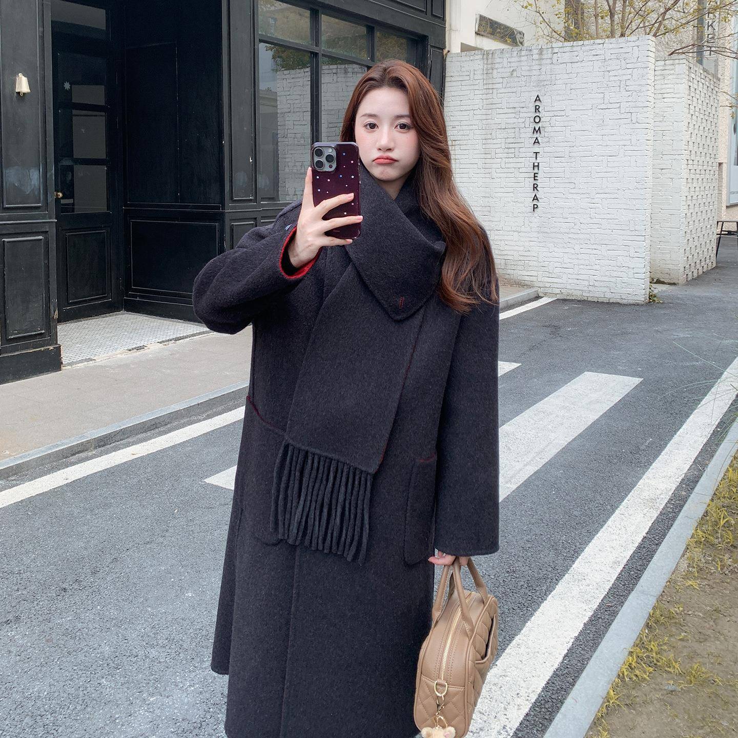 红色流苏围巾款双大面呢羊毛衣2025年女秋冬季款两面2B220-88穿新 - 图1