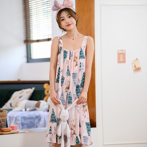 怡伴棉绸睡裙夏季薄款吊带宽松绵绸无袖少女大码公主风胖mm睡衣女 - 图0