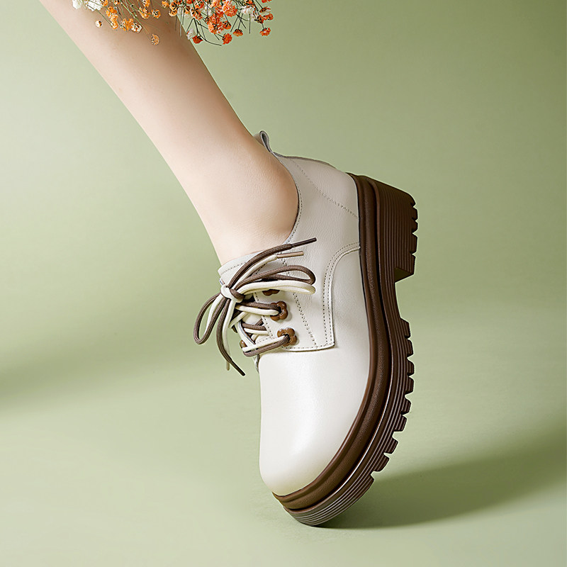 英伦小皮鞋女真皮厚底女鞋春秋单鞋白色系带乐福鞋不累脚软底鞋子,淘宝优惠券,粉丝福利购,淘宝优惠卷