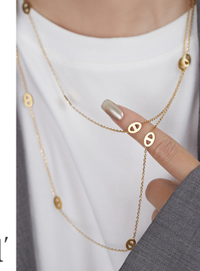 双层叠戴猪鼻子金色项链女长款