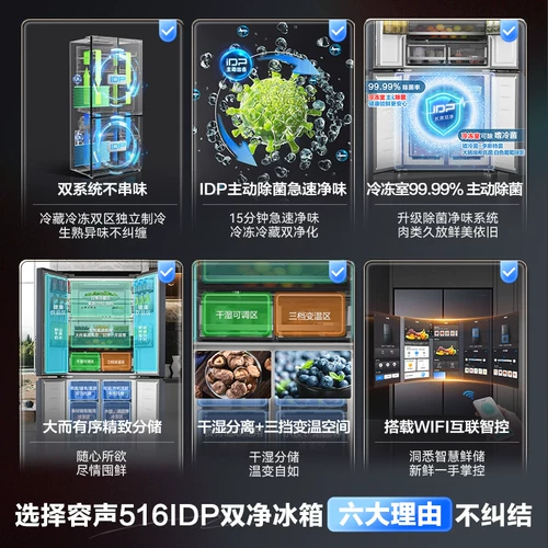 Rongsheng 516L холодильник с двойной очисткой и двойной системой циркуляции, перекрестно складывающийся, двойной открытый, четырехдверный, первоклассный, безморозный, бытовой, встроенный