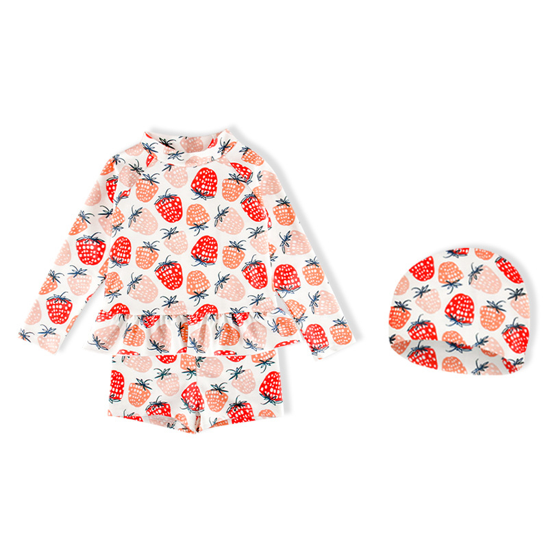 Momasong新款儿童泳衣长袖防晒女孩分体游泳衣可爱草莓宝宝海边 - 图3