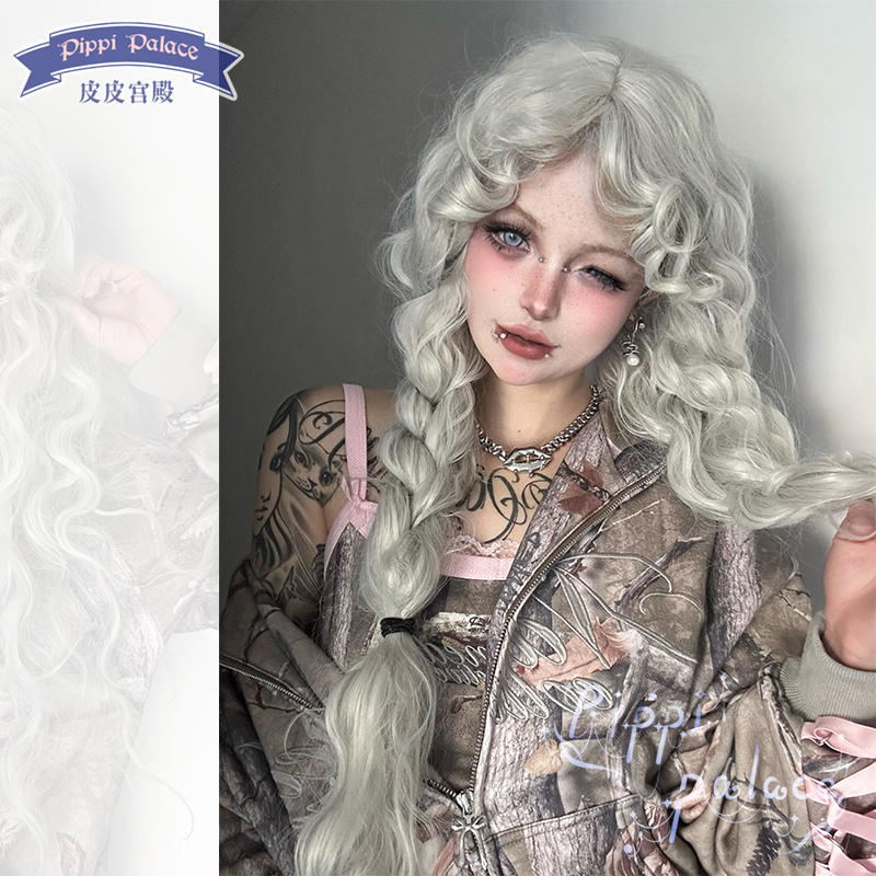 皮皮家银姬灰色卷刘海羊毛卷中分仿真头皮Lolita少女银灰万用假发 - 图2