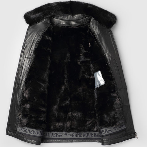 冬季新款水貂内胆皮毛一体男中老年头层绵羊皮真皮皮衣父亲外套厚 - 图0