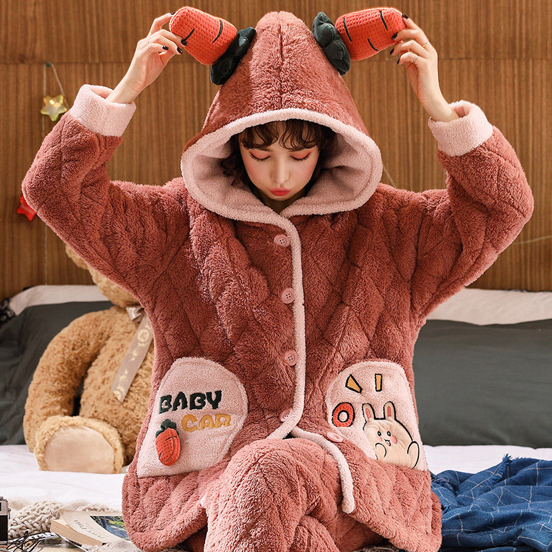 珊瑚绒三层夹棉袄加绒保暖冬天睡衣 雅梦儿风彩睡衣/家居服套装