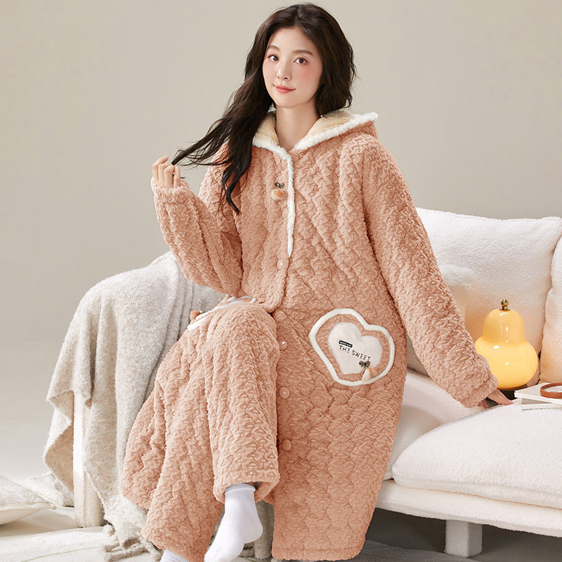 珊瑚绒三层夹棉睡衣女秋冬季加绒加厚保暖连帽睡袍可爱家居服冬天,淘宝优惠券,粉丝福利购,淘宝优惠卷