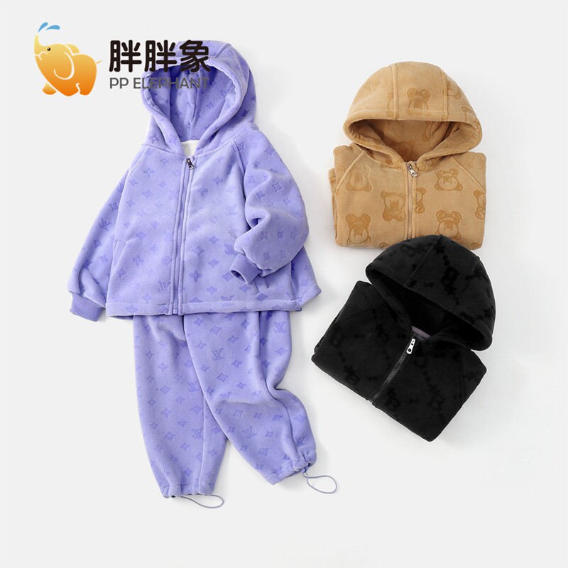 胖胖象秋冬季儿童中大童连帽毛毛衣套装男女童印花外套裤子两件套