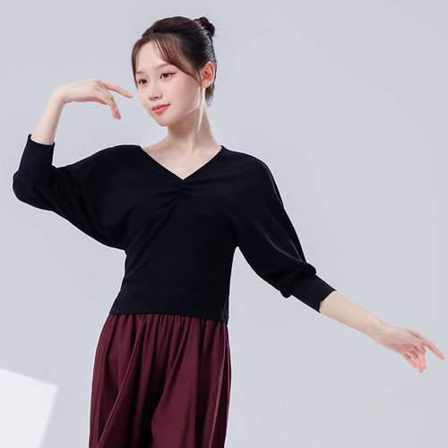 现代舞练功服女蓝色蝙蝠袖V领抽褶修身瑜伽上衣成人基训舞蹈服 - 图2