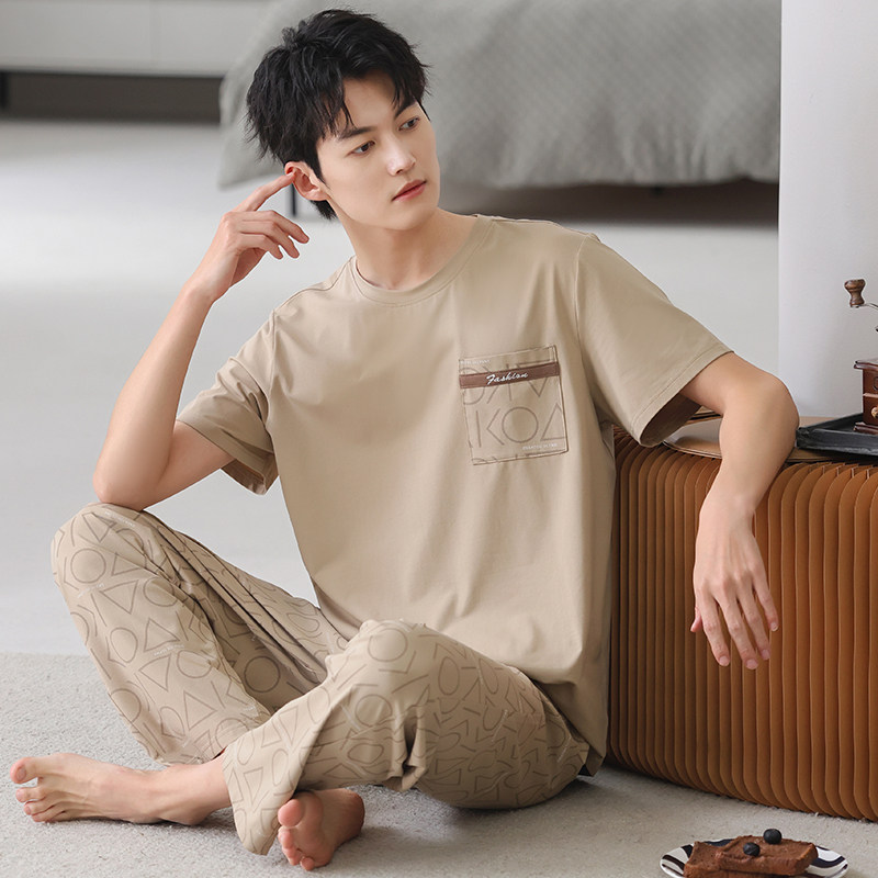 睡衣男夏季纯棉薄款短袖长裤2025新款休闲套头大码青年家居服套装,淘宝优惠券,粉丝福利购,淘宝优惠卷