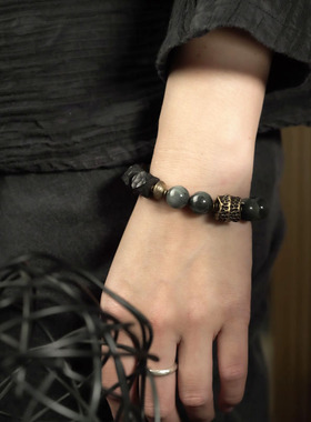曲尾花原创设计复古鹰眼石手链