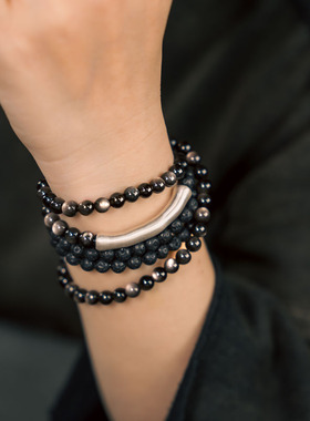 曲尾花银曜石火山石个性设计手串