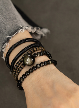 曲尾花金曜石黑檀木混搭设计手链