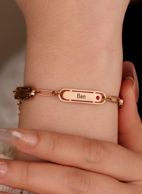 欧美跨境新款不锈钢椭圆镶钻刻字手链女个性百搭诞生石手链饰品厂