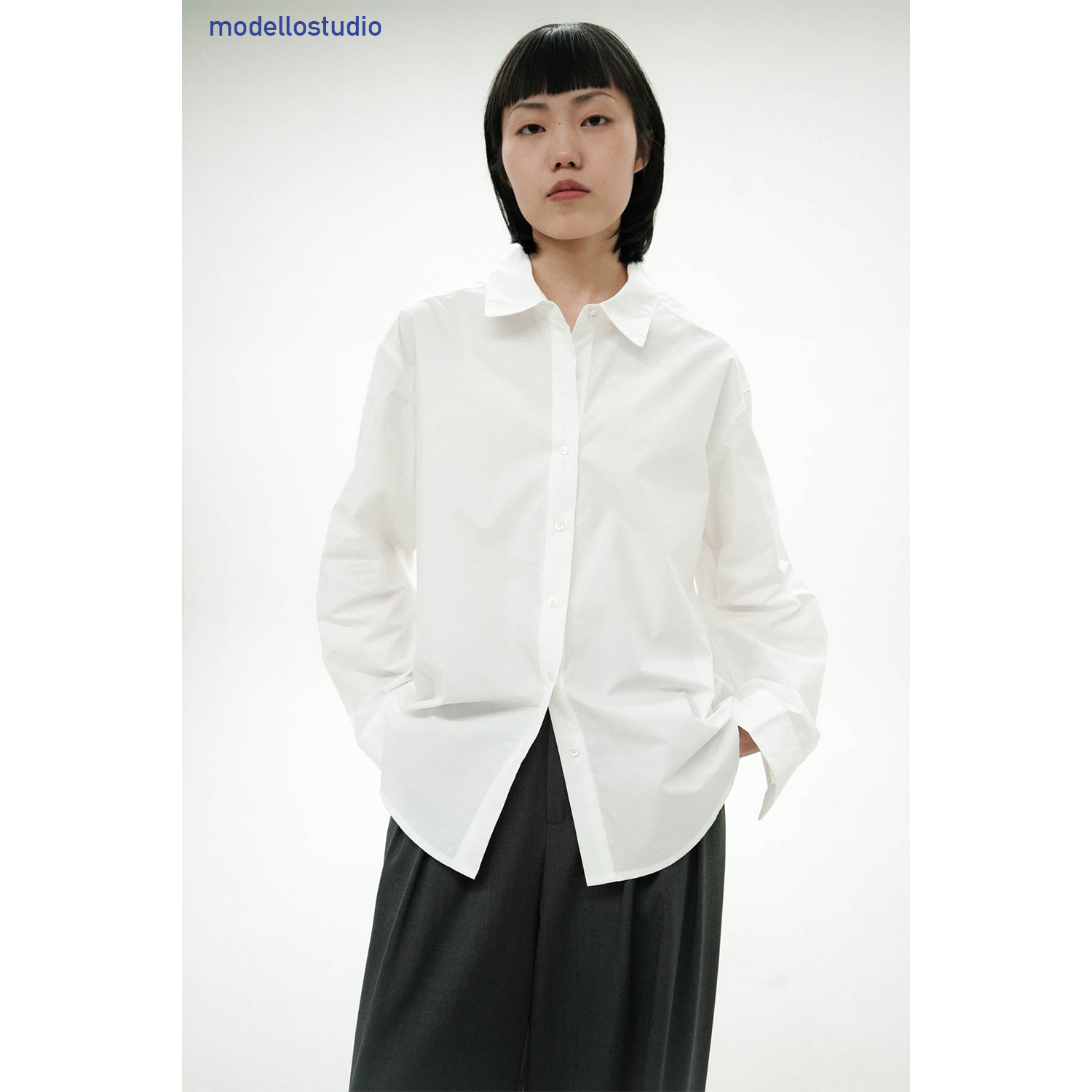 ModelloStudio 简洁挺括 基础纯白净版衬衫女上衣韩版宽松衬衣春 - 图0
