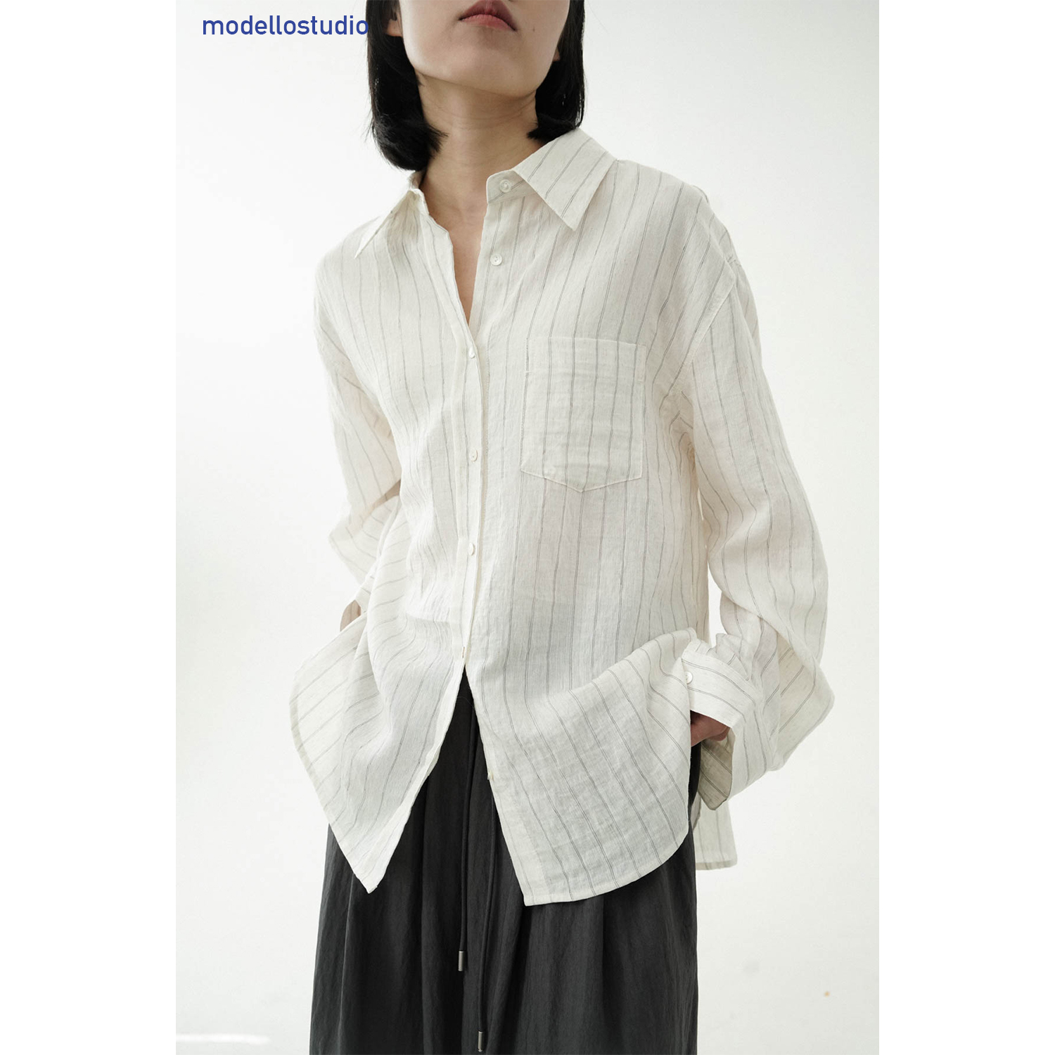 ModelloStudio 24SS 清浅柔和 环保微褶条纹素色衬衫上衣女长袖夏