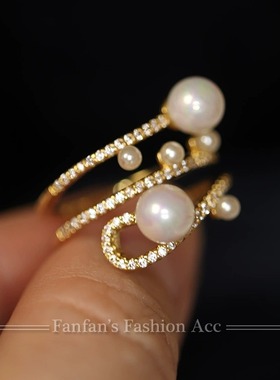 韩国小众设计闪钻微镶珍珠波浪开口可调节戒指女食指戒子指环