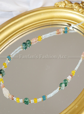 混合天然石串珠短项链