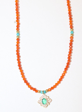 蓝色橙红暖翠新中式串珠项链