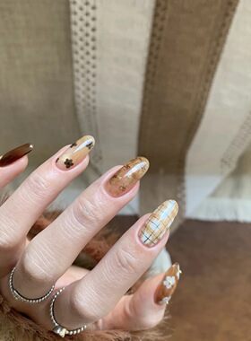 纯手工定制穿戴甲秋冬晕染手绘花朵格温猫眼显白高级气质美甲甲片