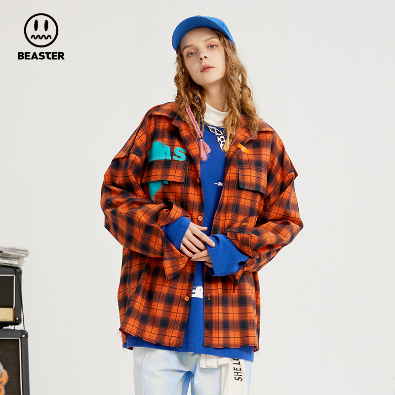 beaster小恶魔鬼脸潮流格子男衬衫 beaster衬衫