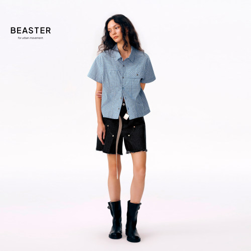 BEASTER「复古水洗」都市随性毛边撞钉牛仔短裤 - 图3