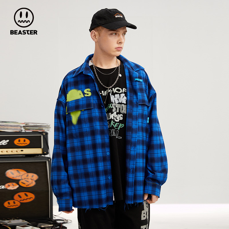 beaster小恶魔鬼脸潮流格子男衬衫 beaster衬衫