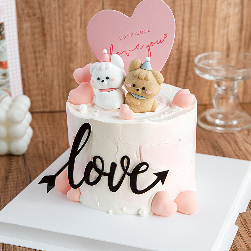 2025情人节蛋糕装饰可爱修狗摆件love亚克力爱心卡片烘焙装扮插件