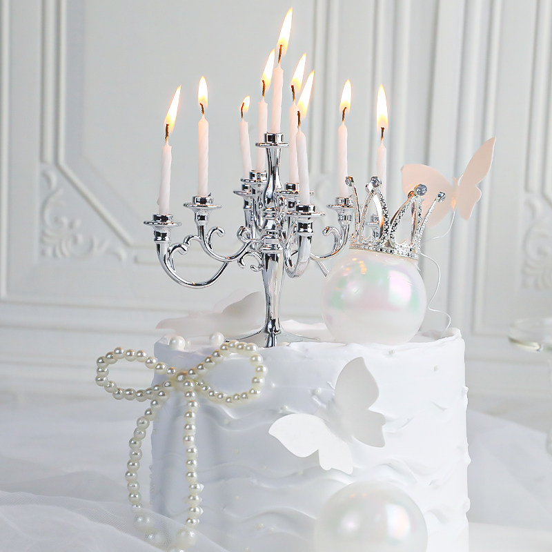 214情人节蛋糕装饰女神生日复古烛台蜡烛摆件珍珠蝴蝶结皇冠插件