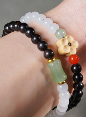 紫光檀6mm双拼玉石双圈文玩手链手串木串梅花配饰念珠男女款