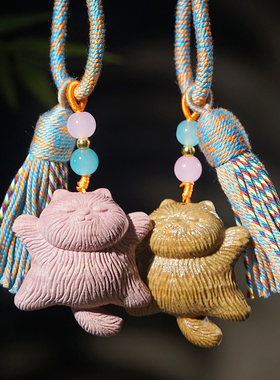 檀木雕刻躺平猫摆烂猫文玩挂件可爱萌宠挂件手机链包包流苏挂木作