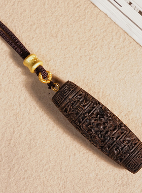 沉香木雕刻天珠项坠吊坠男女复古民族风编织绳链金色配件古典饰品