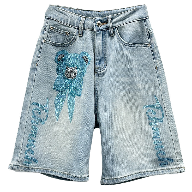 小熊烫钻牛仔短裤女潮2025年夏季新款高腰显瘦宽松百搭阔腿五分裤,淘宝优惠券,粉丝福利购,淘宝优惠卷