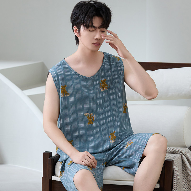 男士棉绸套装夏季薄款无袖短裤家居服宽松大码人造棉睡衣男款外穿