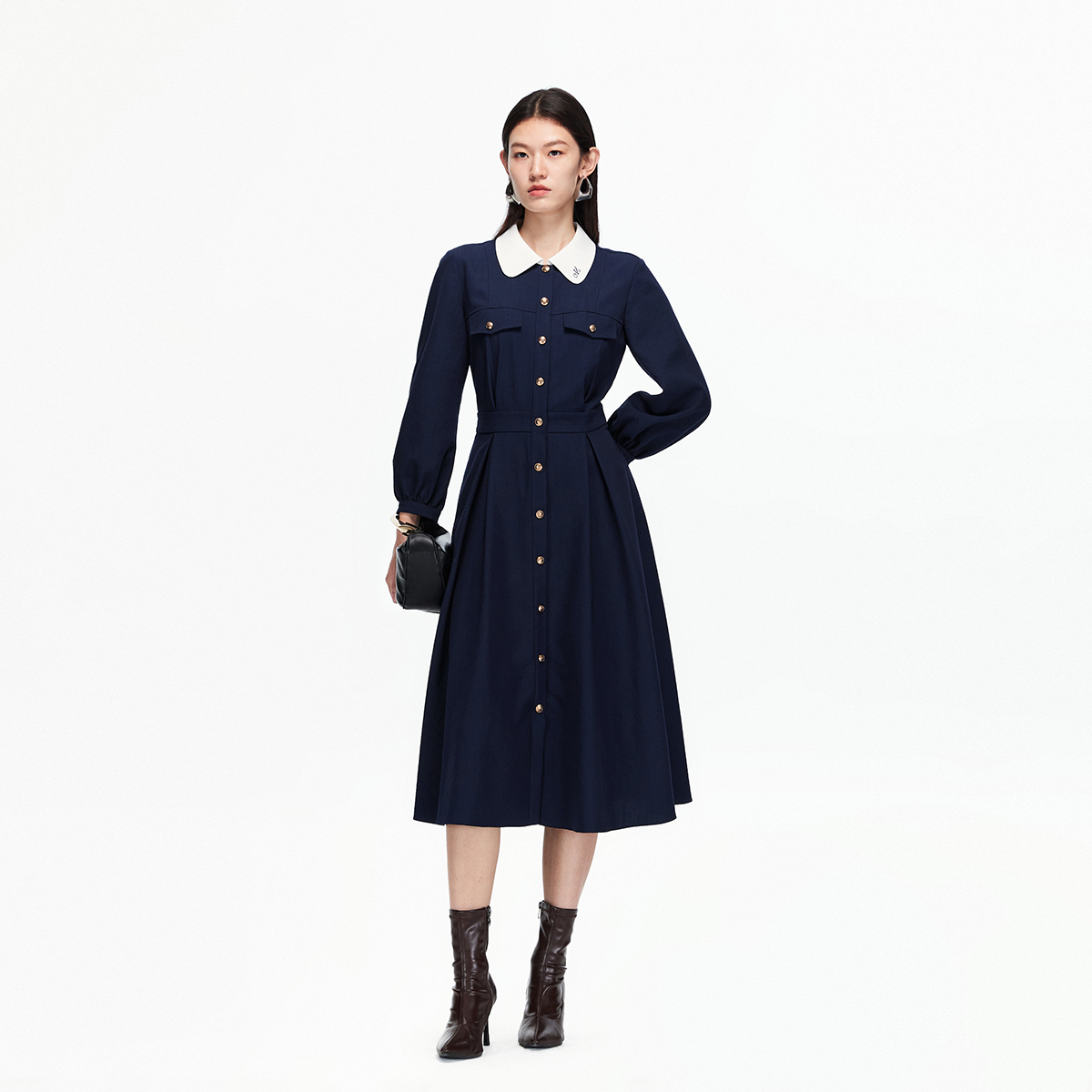 Vero Moda连衣裙2025冬新款撞色翻领高腰线收褶中长裙3253SZ007