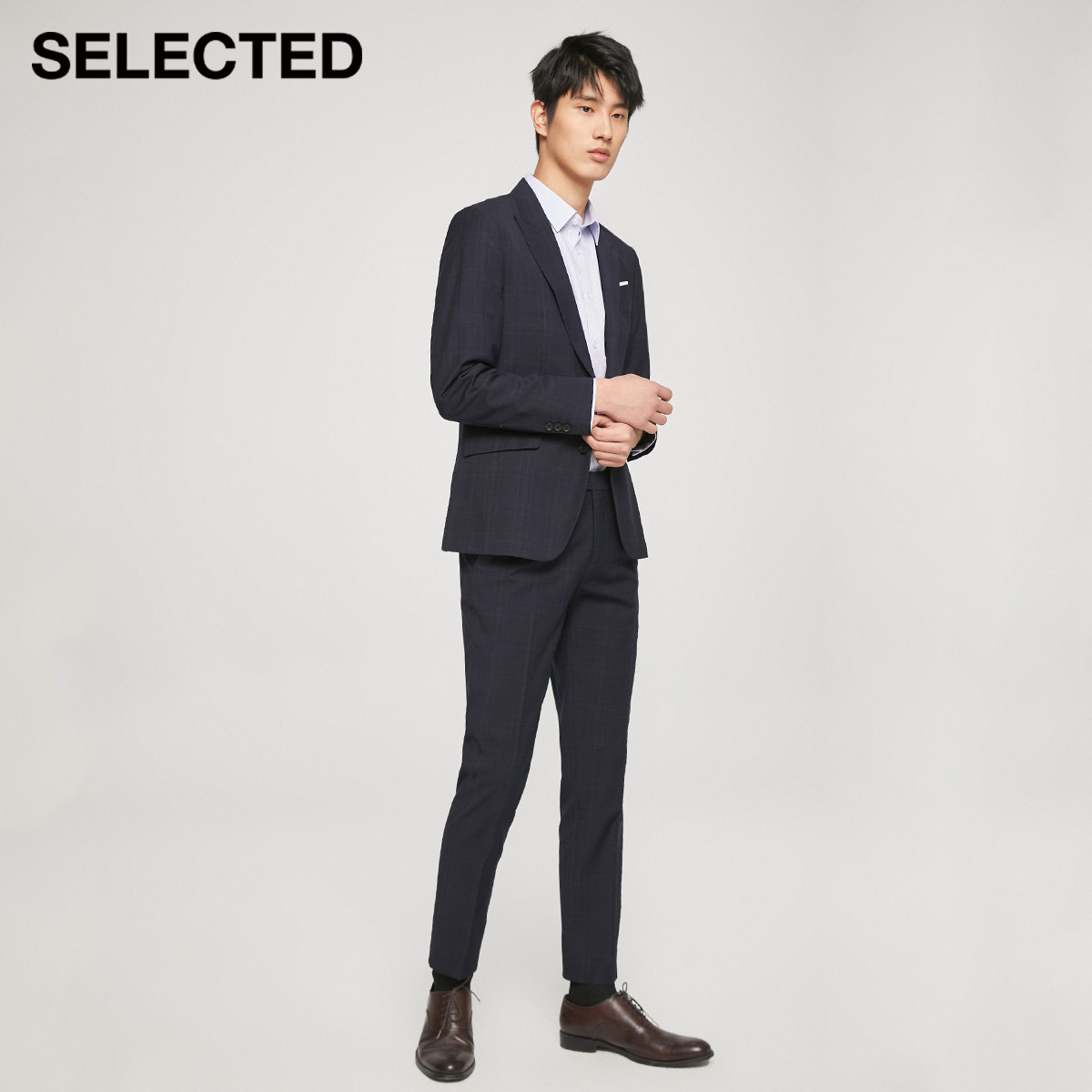 selected思莱德外套男气质英伦格子修身商务西装上衣t42115x010
