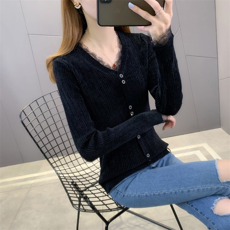 秋冬2021年新款v领拼接天鹅绒毛衣 流苏妮毛针织衫