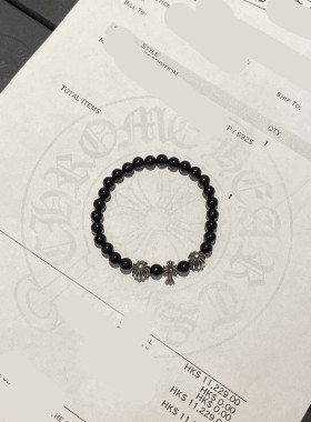 黑曜石手串8MM款朋克风S925纯银十字花手串手链手环男女同款情侣