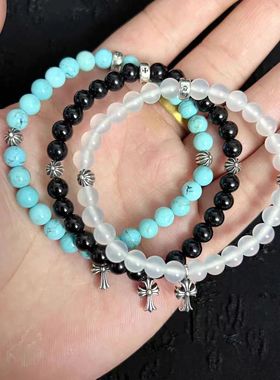 克罗6mm白玛瑙手串网红同款925银黑曜石绿松石手链十字架吊坠