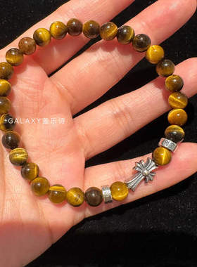 王嘉尔同款高版本虎眼石s925纯银十字架时尚潮流男女手串手链礼物