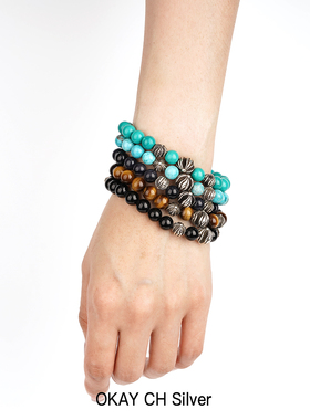 罗心潮流四银珠8mm绿松石黑曜石虎眼石925纯银珠子手串手链