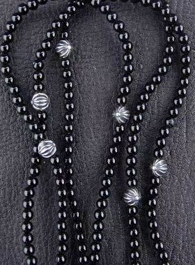 长款黑曜石4㎜黑玛瑙八银珠项链毛衣链实心银珠925银项链